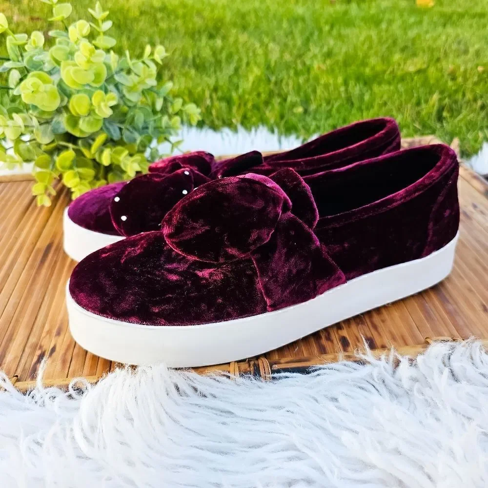Rebecca Minkoff Stacey Studded Burgandy Velvet Slip On Sneakers.